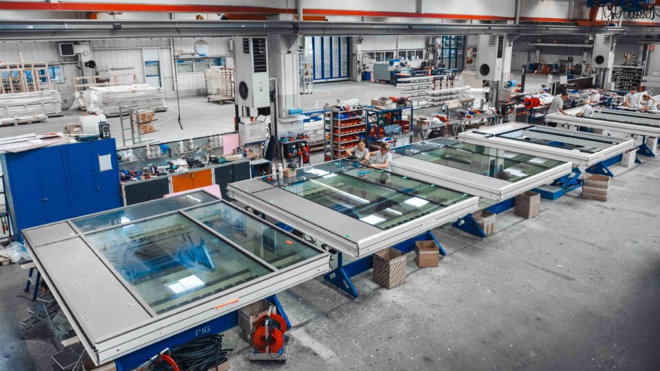 Drone view of the production line for unitized façade manufacturing