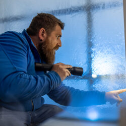 A staff member checks the façade for water ingress during the test for resistance to driving rain.